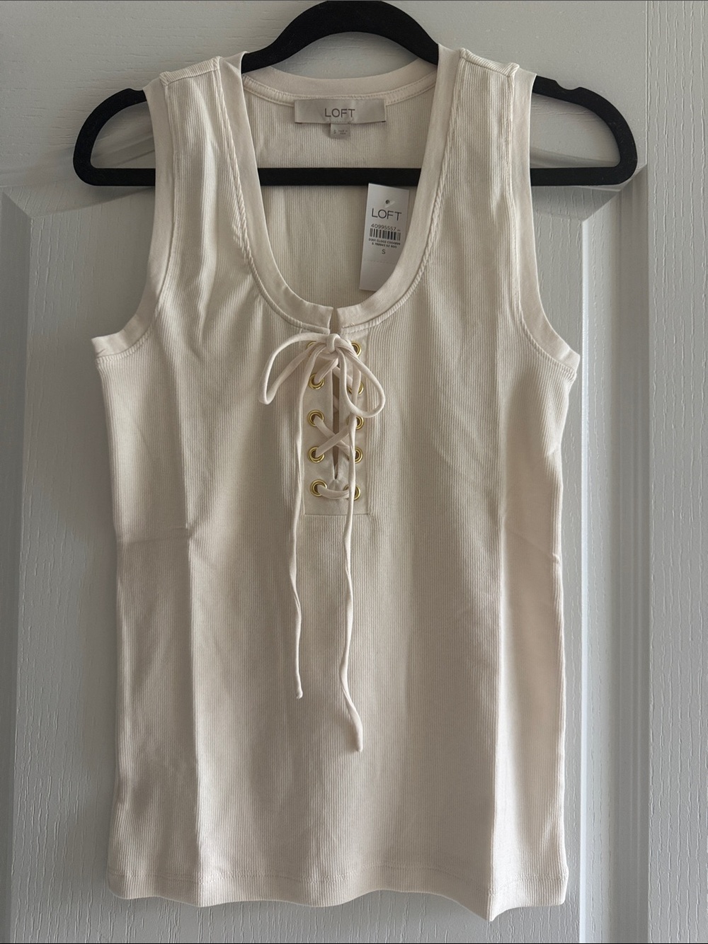 LOFT Cream Ribbed Lace-Up Tank with Gold Eyelets